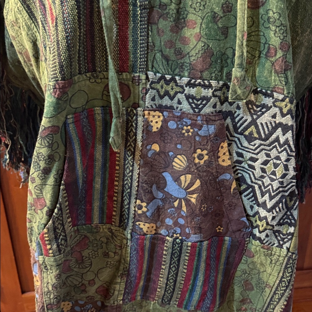 Patchwork Hooded Fringe Poncho - image 2